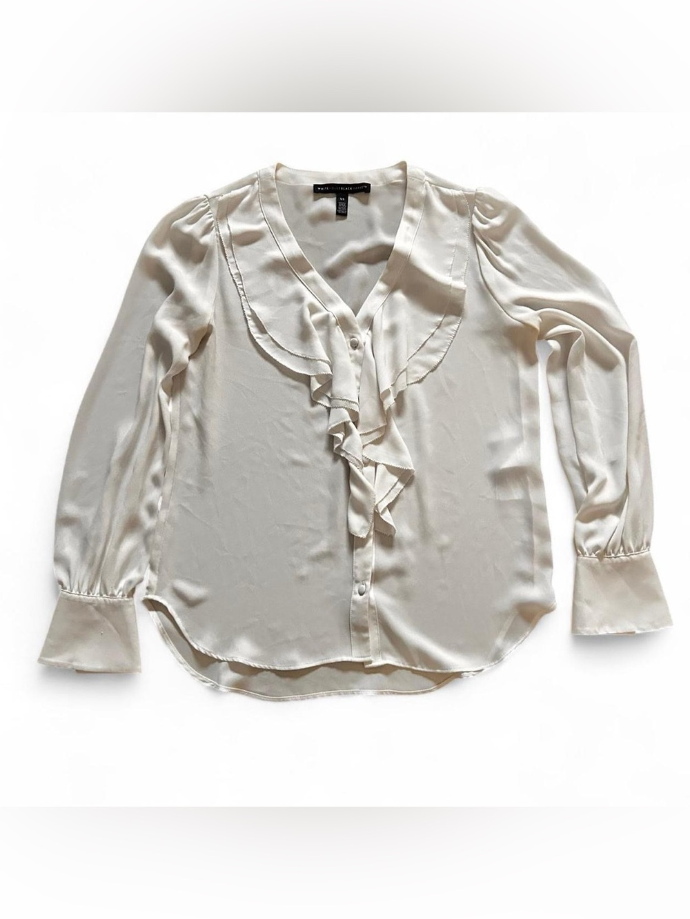 White House | Black Market dainty silky Ruffle Front white Blouse w lovely cuffs